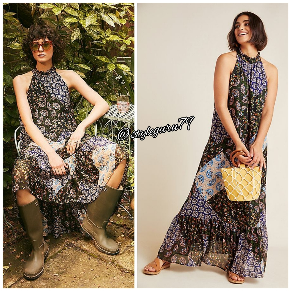 Anthropologie Black Multicolor Paisley Halter Maxi Dress